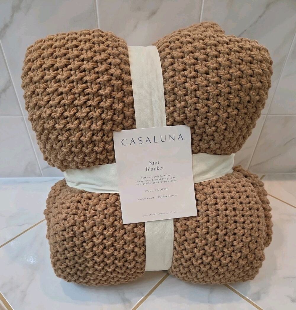 Casaluna Knit Blanket Full Queen 90x92 Brown Chunky Knit Acrylic Soft Cozy